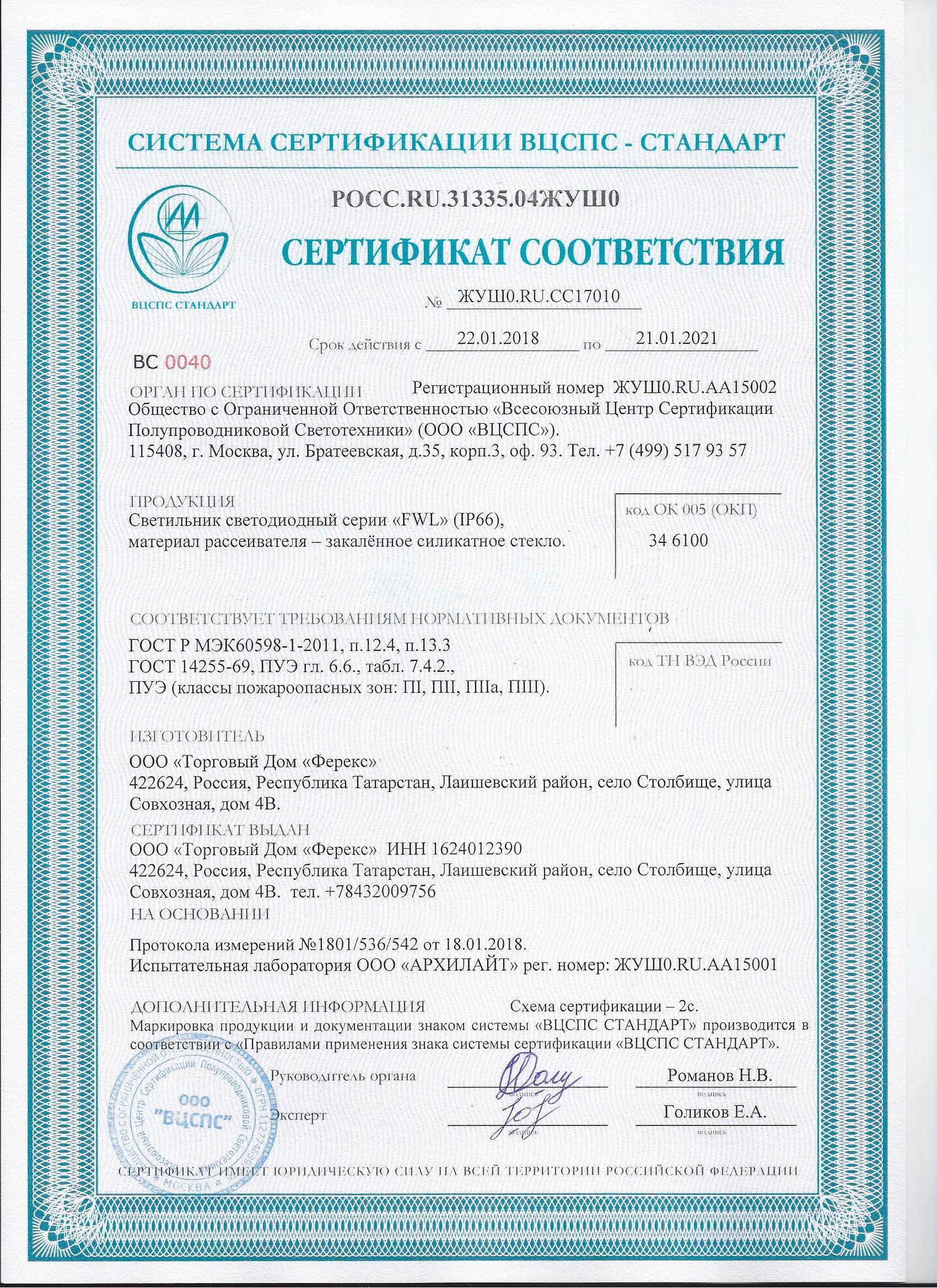 Сертификат соответствия FWL до 2021 г. (классы пожароопасных зон ПI, ПIIа, ПIII)